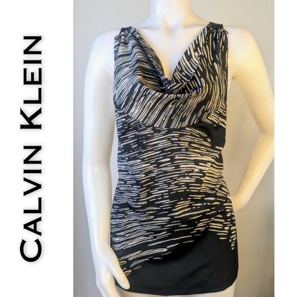 Calvin Klein Sleeveless Blouse Large Draped Neck Black Gray Flowy Career Dressy - Picture 2 of 9